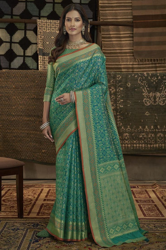 Teal Color Art Silk Ingenious Saree With Weaving Work