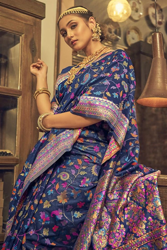 Excellent Kashmiri Silk Fabric Blue Color Printed Saree