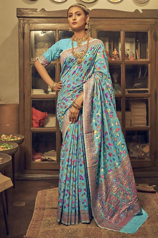 Beguiling Printed Work On Cyan Color Kashmiri Silk Fabric Saree