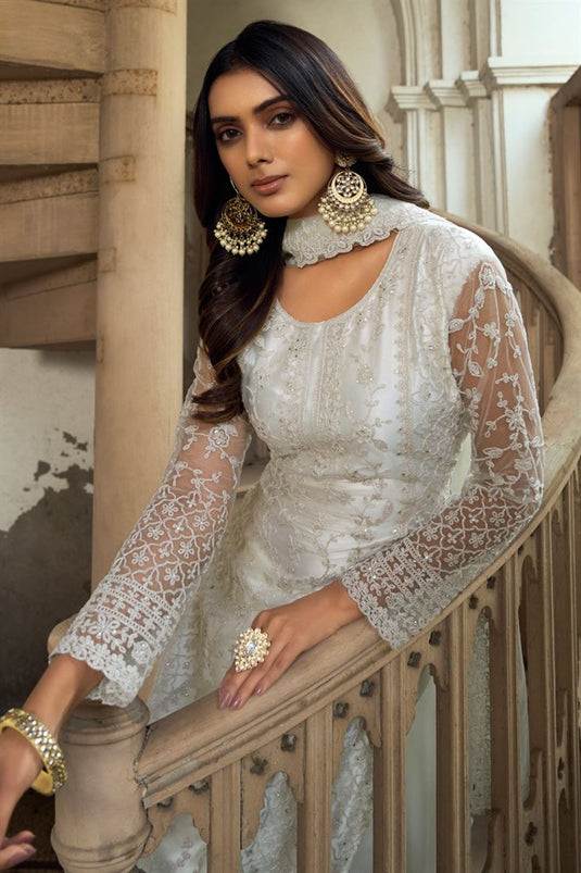 White Color Net Fabric Adorming Party Look Palazzo Suit
