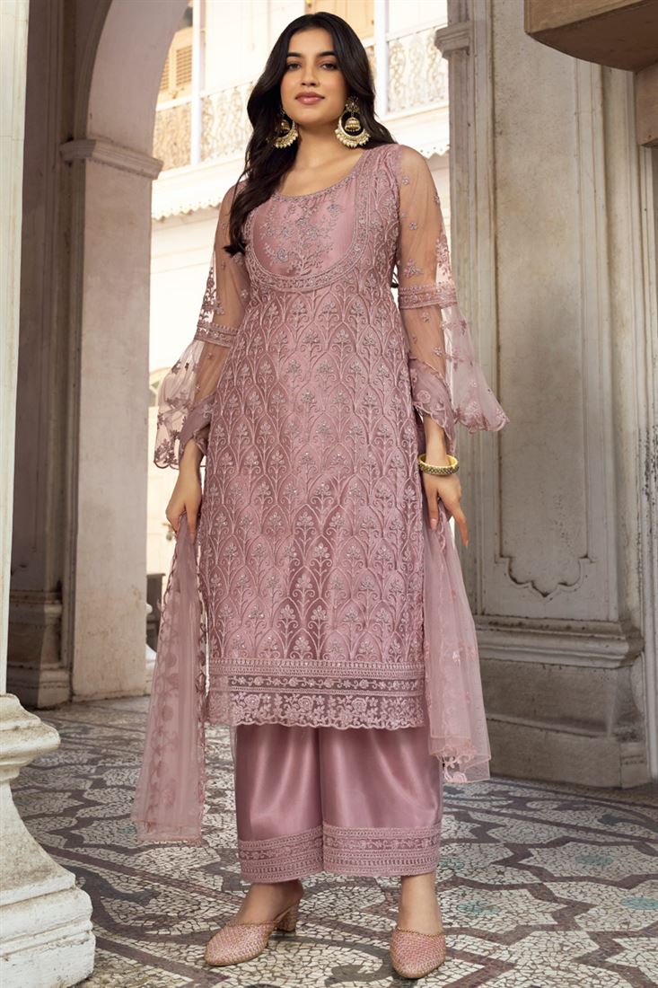 Net Fabric Pink Color Party Look Winsome Palazzo Suit