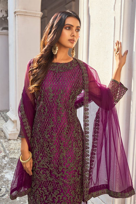 Net Fabric Party Look Beatific Salwar Suit In Purple Color