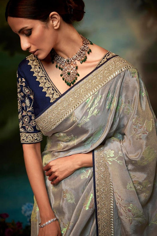 Art Silk Fabric Cream Color Engrossing Fancy Work Saree