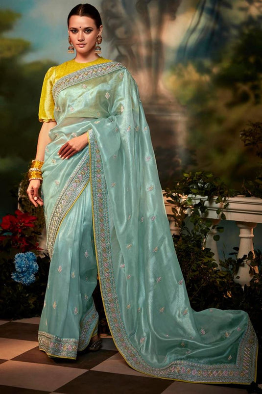 Eugeniya Belousova Light Cyan Color Art Silk Fabric Divine Saree