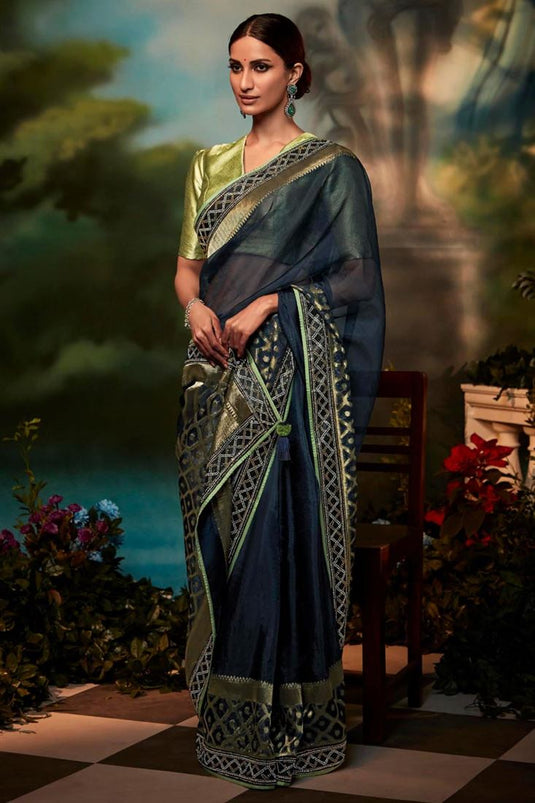 Navy Blue Color Art Silk Fabric Stylish Fancy Work Saree