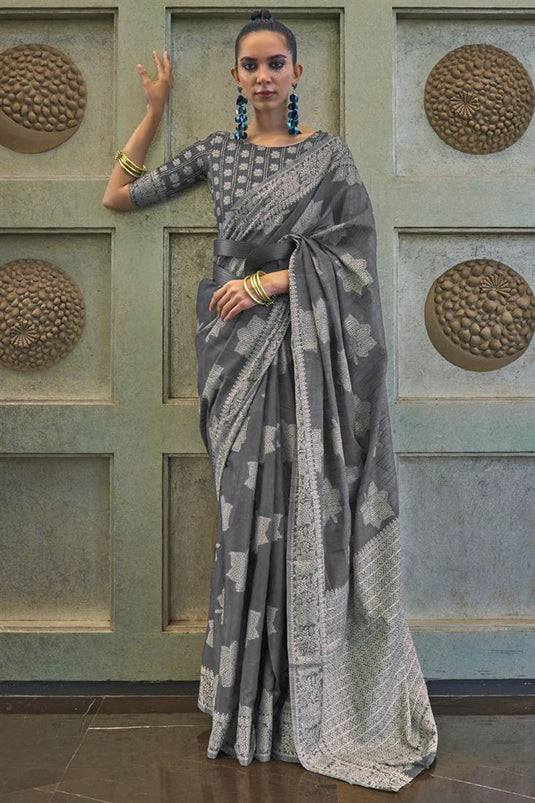 Lucknowi Silk Function Wear Chickankari Saree In Grey Color