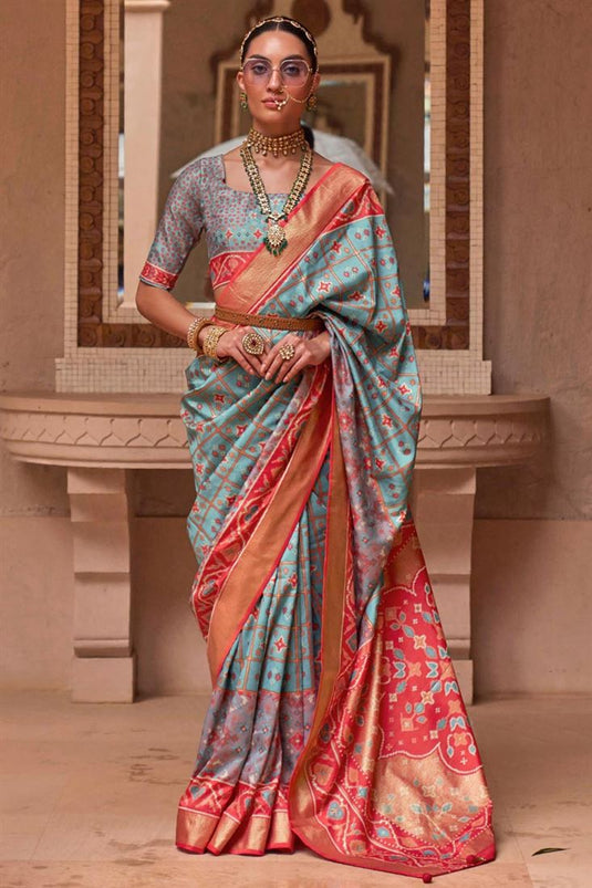 Function Wear Light Cyan Color Patola Silk Luminous Saree