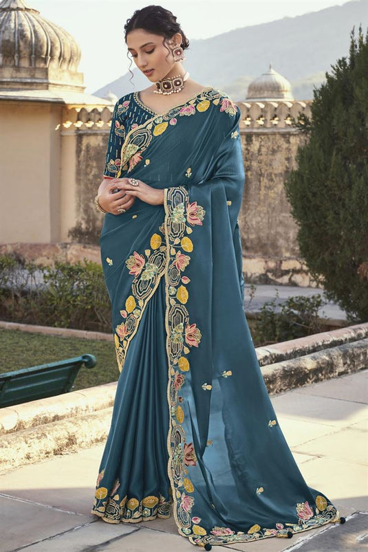 Teal Color Function Wear Silk Fabric Incredible Embroidered Saree