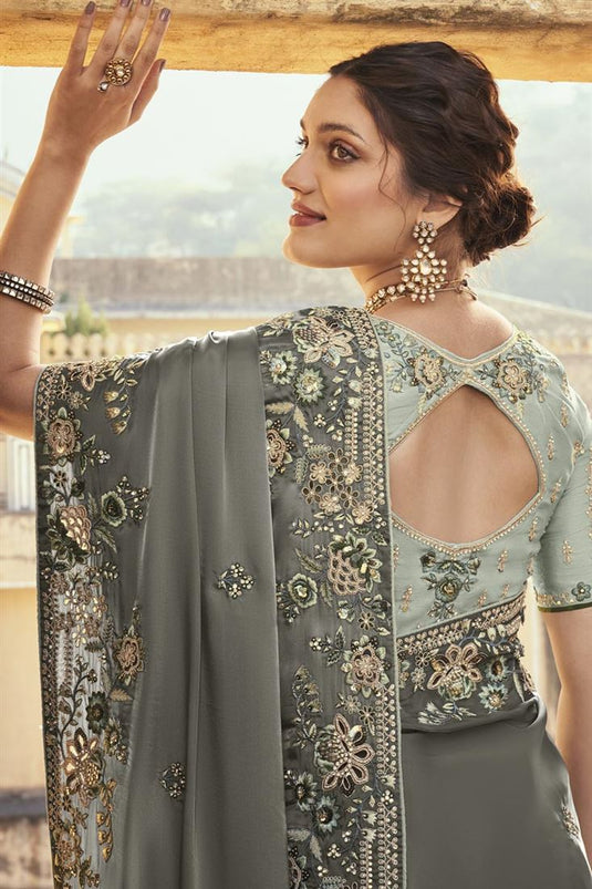 Grey Color Function Wear Silk Fabric Charismatic Embroidered Saree