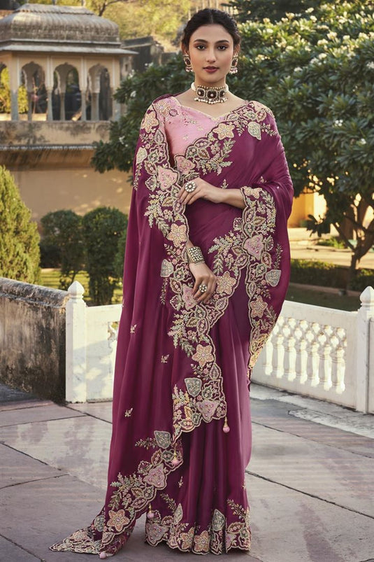 Silk Fabric Function Wear Burgundy Color Phenomenal Embroidered Saree