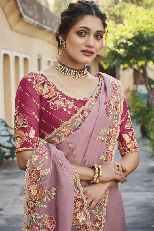 Pink Color Silk Fabric Function Wear Adroit Embroidered Saree