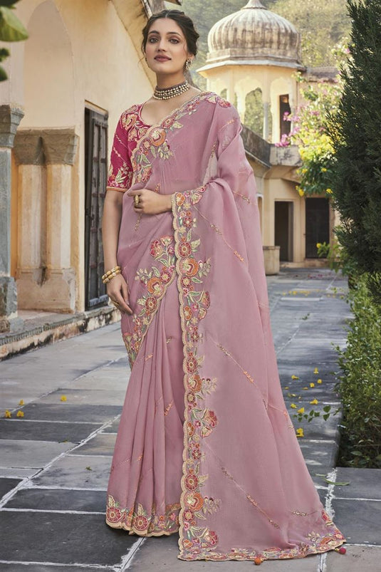 Pink Color Silk Fabric Function Wear Adroit Embroidered Saree