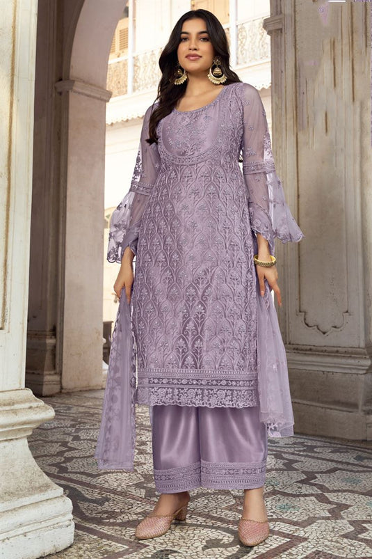 Net Fabric Function Style Beatific Palazzo Suit In Lavender Color
