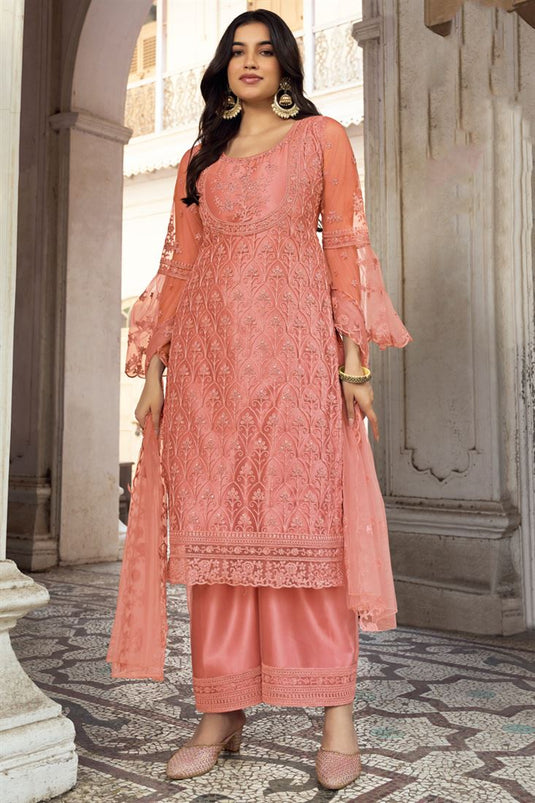 Peach Color Net Fabric Function Style Classic Palazzo Suit