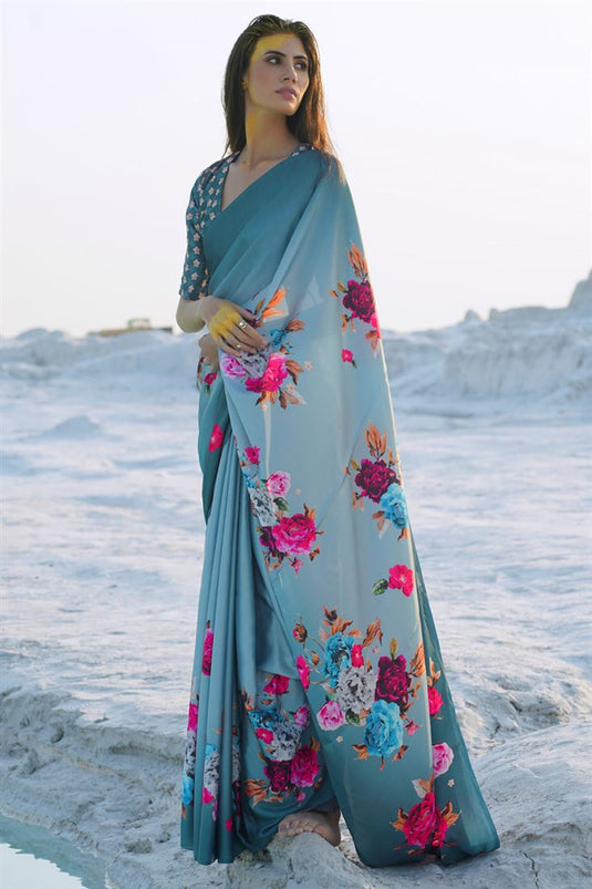 Teal Color Pure Satin Crepe Saree And Digital Printed Blouse