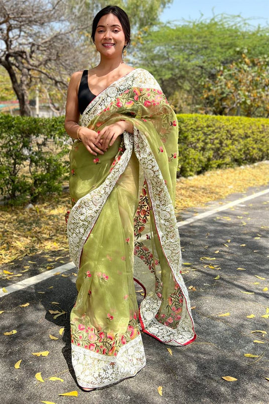 Lime Green Organza Lucknowi Chikankari Saree