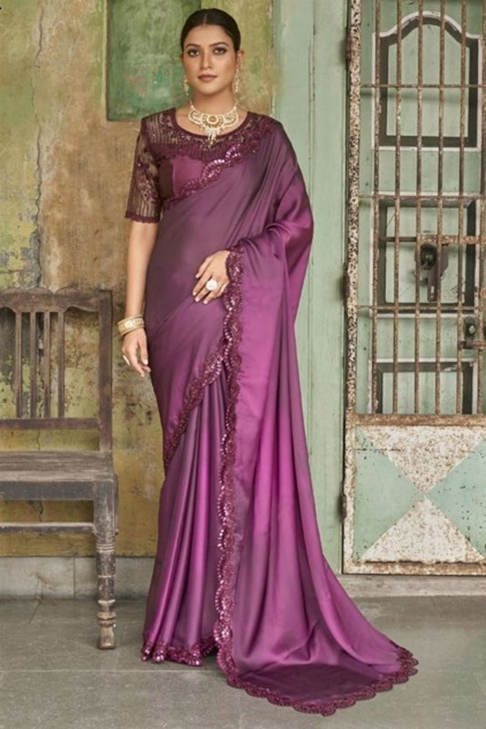 Party look Satin Saree in Burgundy