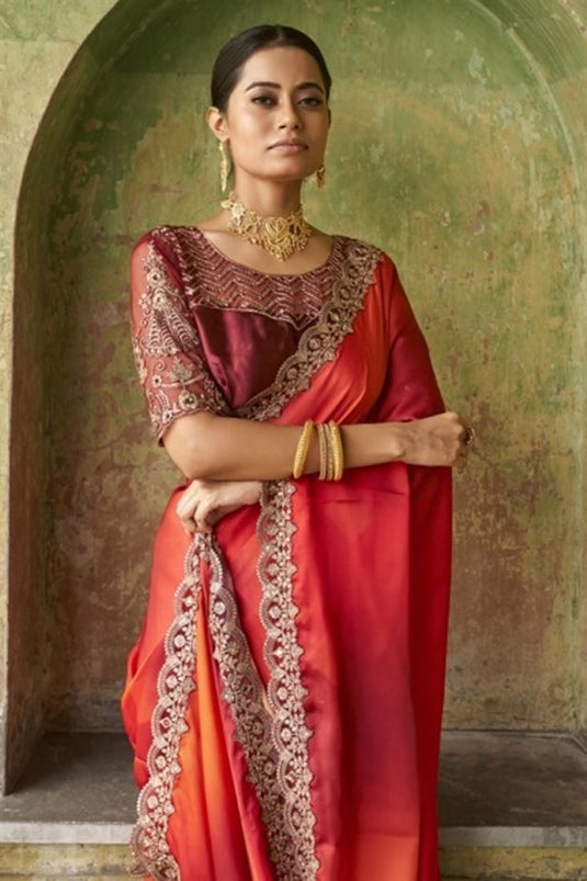 Stunning Orange Satin Saree for Party