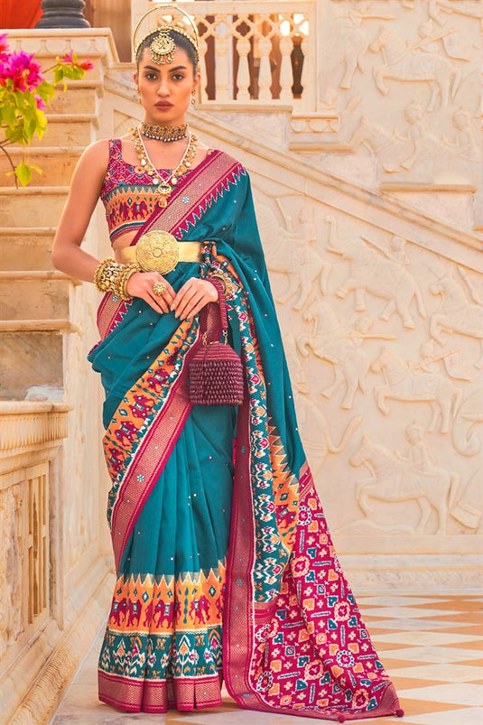 Blue Embroidered Printed Patola Cotton Silk Saree