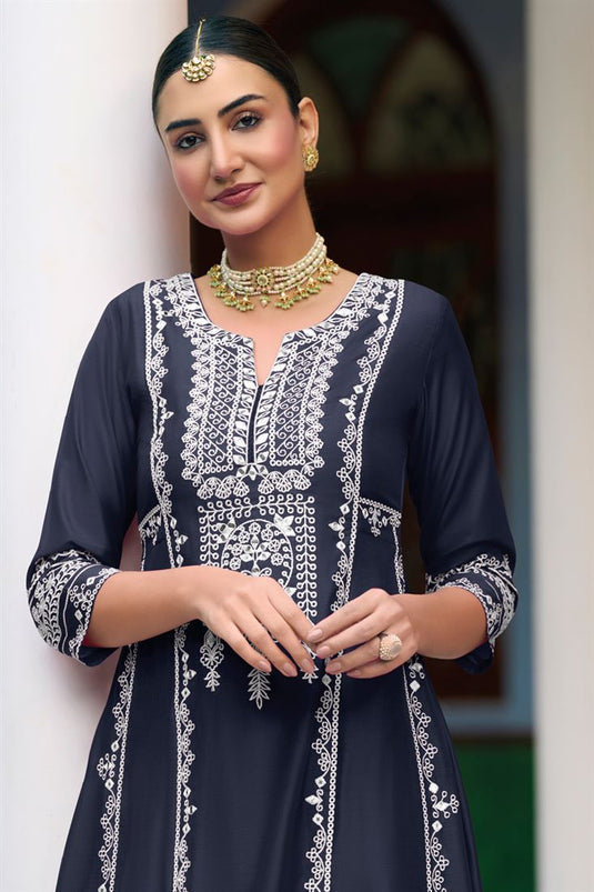 Embroidered Art Silk Function Wear Salwar Suit In Navy Blue