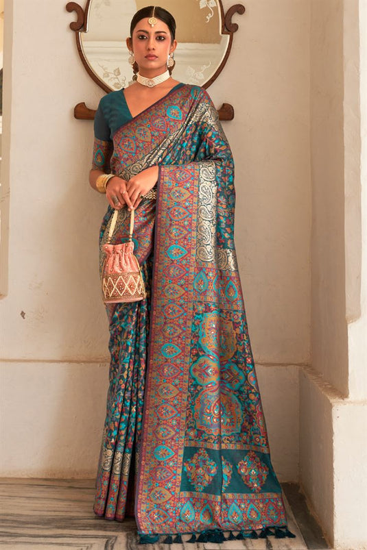 Teal Woven Banarasi Kashmiri Pashmina Saree