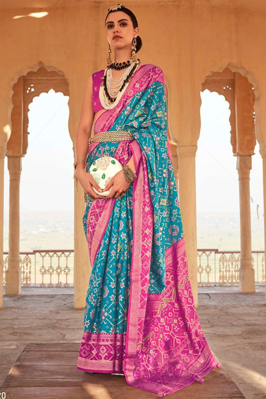 Pink And Cyan Festive Silk Trendy Saree