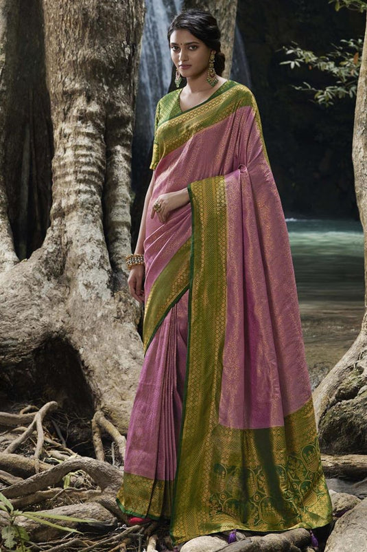 Kanjiveram Silk Function Contemporary Style Pink Saree