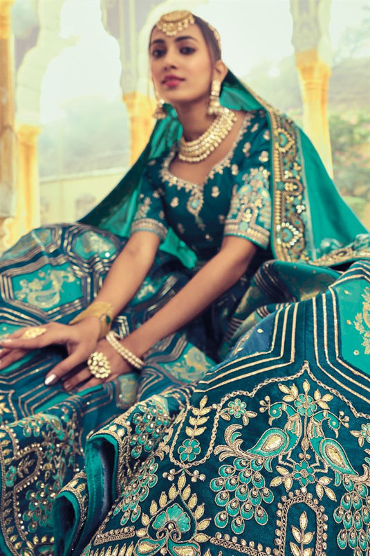 Morpeach Teal Color Silk Designer Lehenga Choli