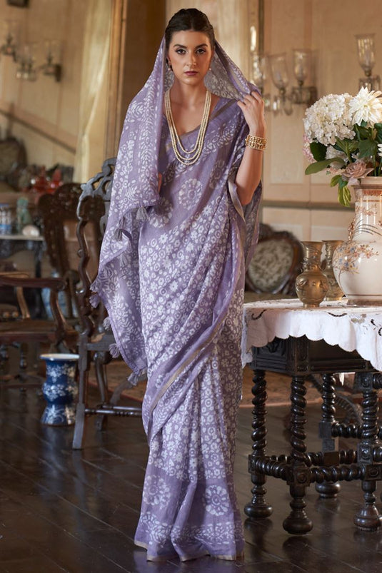 Printed Cotton Classic Saree In Lavender