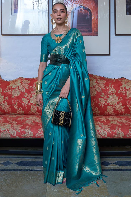 Teal Color Fantastic Art Silk Fabric Party Look Saree With Weaving Work