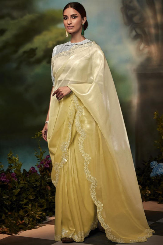 Fancy Work Party Style Yellow Color Phenomenal Art Silk Saree