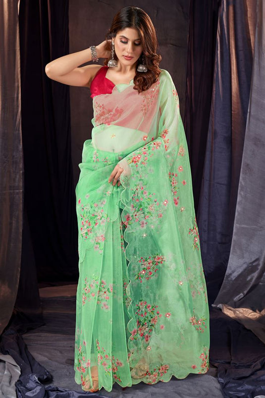 Superior Digital Printed Organza Saree In Sea Green Color