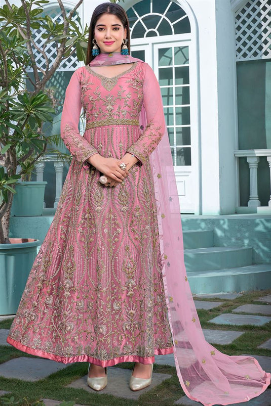 Mesmeric Pink Color Embroidered On Net Anarkali Suit