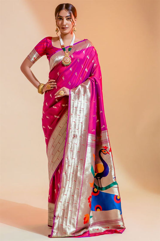 Magenta Color Admirable Weaving Work On Saree In Art Silk Fabric