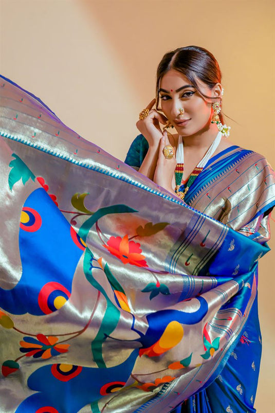 Riveting Weaving Work On Art Silk Fabric Saree In Cyan Color