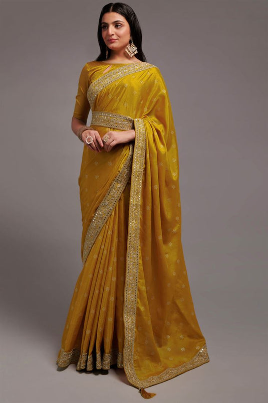 Traditional Festival Wear Yellow Chinon Saree with Border Work