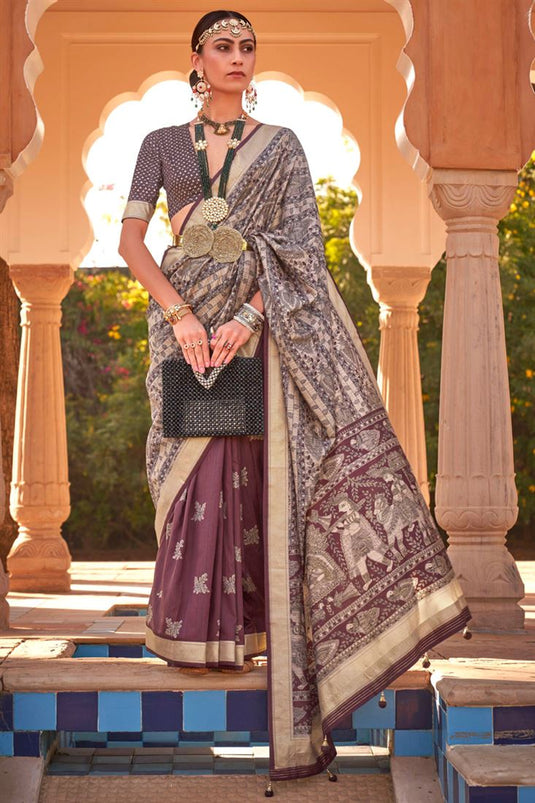 Printed Patola Silk Fabric Function Wear Wine Color Saree