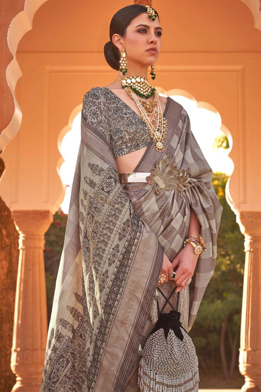 Printed Patola Silk Fabric Reception Wear Grey Color Saree