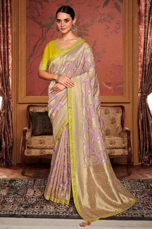 Weaving Work Lavender Color Dola Silk Fabric Reception Wear Saree