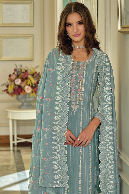 Embroidered Cyan Color Function Wear Readymade Designer Salwar Suit In Art Silk Fabric