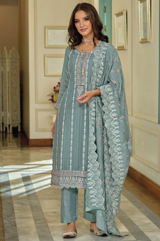 Embroidered Cyan Color Function Wear Readymade Designer Salwar Suit In Art Silk Fabric