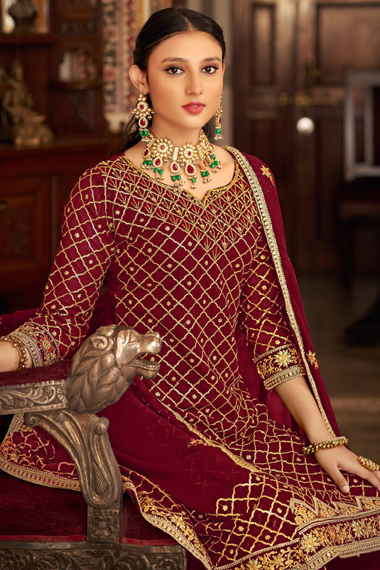 Maroon Color Wedding Wear Embroidered Palazzo Salwar Suit In Chinon Fabric