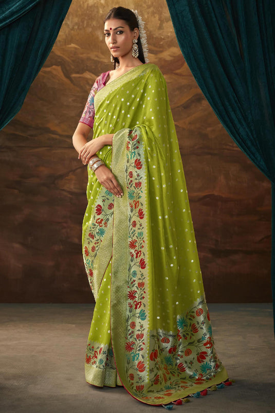 Attractive Weaving Work Green Color Art Silk Fabric Saree