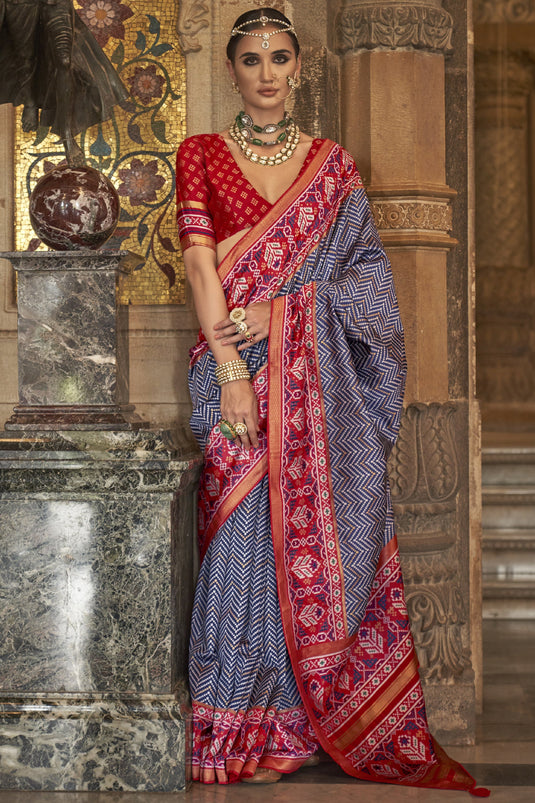 Attractive Printed Navy Blue Color Art Silk Fabric Patola Saree