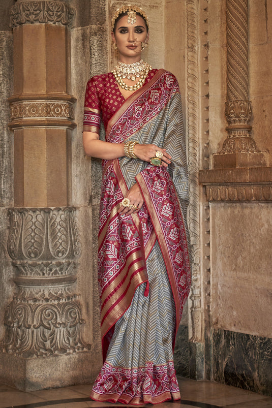 Art Silk Fabric Pleasant Grey Color Printed Patola Saree