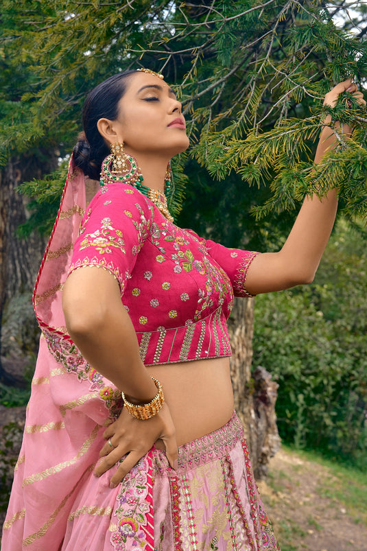 Embroidered Pink Color Bridal Lehenga In Silk Fabric With Designer Choli