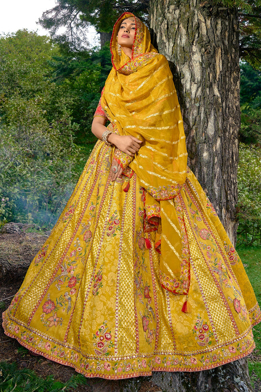 Silk Fabric Wedding Wear 3 Piece Lehenga Choli In Mustard Color With Embroidery Work