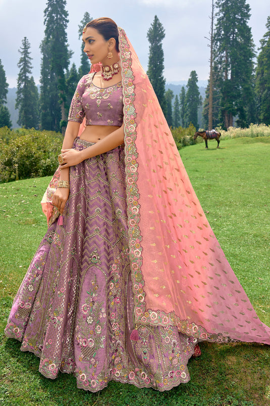 Lavender Color Silk Fabric Bridal Lehenga Choli With Embroidery Work