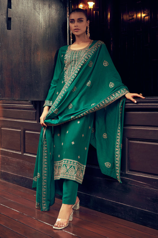 Embroidered Art Silk Fabric Green Color Festive Wear Straight Cut Long Palazzo Salwar Kameez