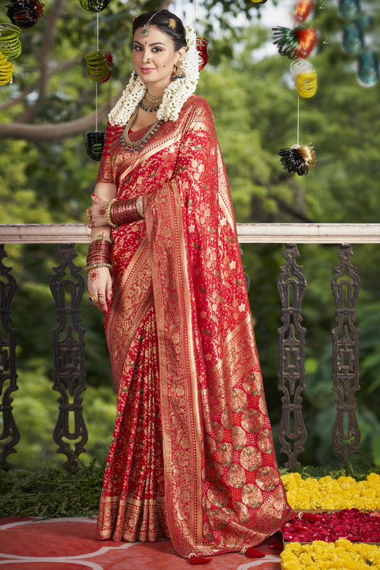 Classic Red Color Pure Weaving Silk Saree With Designer Matching Blouse